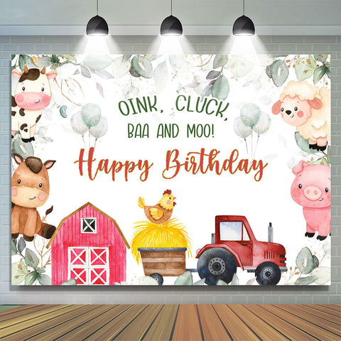 Oink Cluck Baa et Moo Fond d'anniversaire des animaux de la ferme