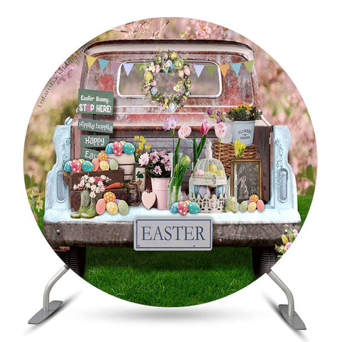 Vieux Camion Oeufs Colorés Floral Rond Toile De Fond Paques