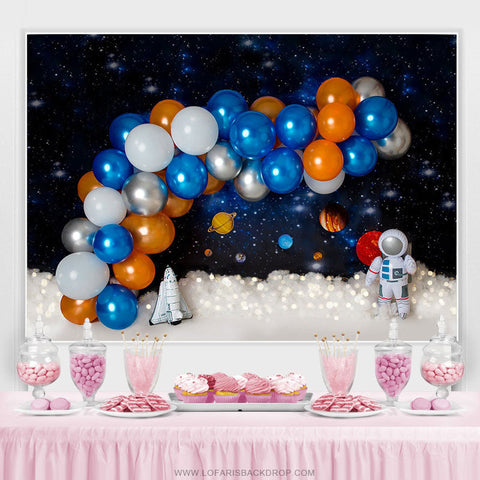 Toile de fond de fête d'anniversaire de galaxie de ballon bleu orange