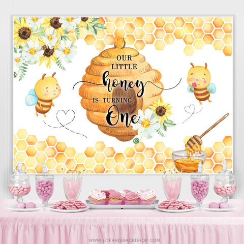 Notre petit miel tourne une toile de fond d'anniversaire d'abeille