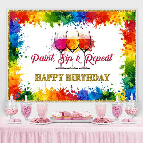 Peinture Sip and Repeat Rainbow Happy Birthday Backdorp