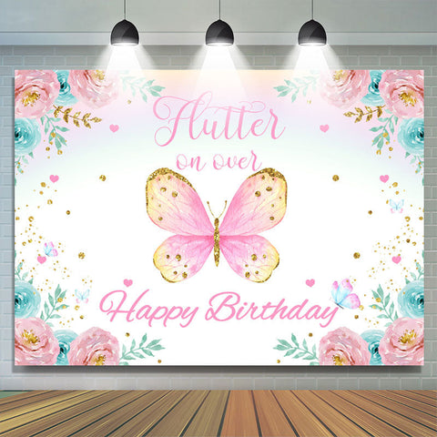Toile de fond d'anniversaire thème papillon fleurs roses et bleues