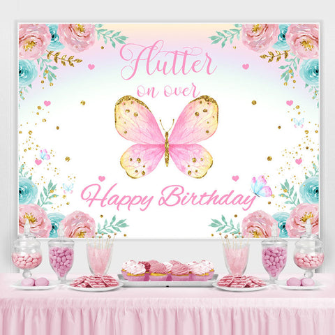 Toile de fond d'anniversaire thème papillon fleurs roses et bleues