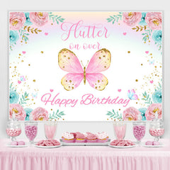 Toile de fond d'anniversaire thème papillon fleurs roses et bleues