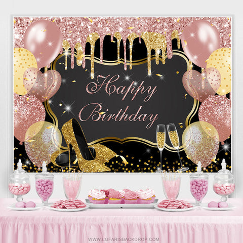 Fond de joyeux anniversaire de ballons de paillettes roses et or