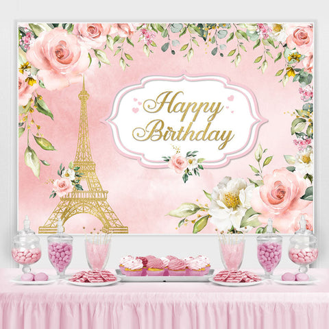 Toile de fond de joyeux anniversaire de tour florale rose et dorée