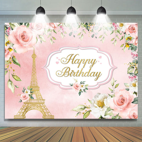 Toile de fond de joyeux anniversaire de tour florale rose et dorée