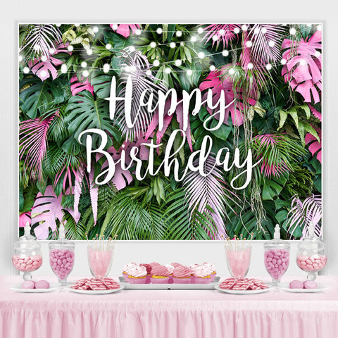 Toile de fond de joyeux anniversaire de feuilles tropicales roses et vertes