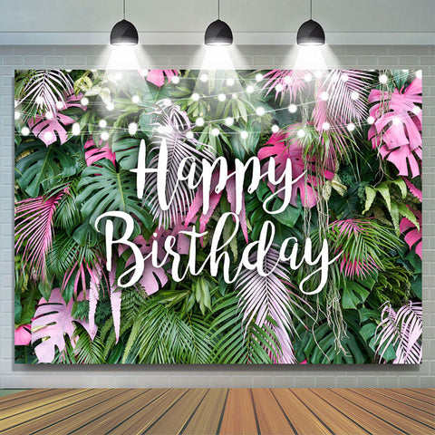 Toile de fond de joyeux anniversaire de feuilles tropicales roses et vertes