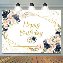 Toile de fond d'anniversaire de paillettes d'or floral rose et bleu marine