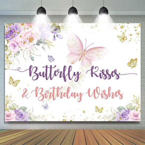 Toile de fond d'anniversaire floral et papillon rose et violet