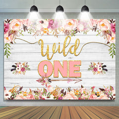 Rose et rouge Floral Wild One Wood 1st Birthday Backdorp