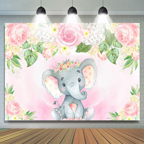 Toile de fond de douche de bébé éléphant floral rose et blanc