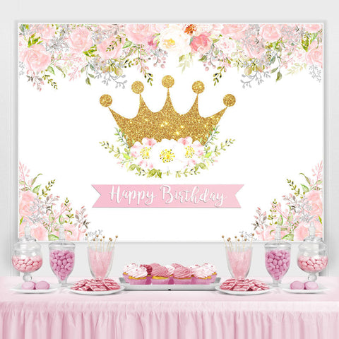 Toile de fond d'anniversaire couronne dorée florale rose et blanche