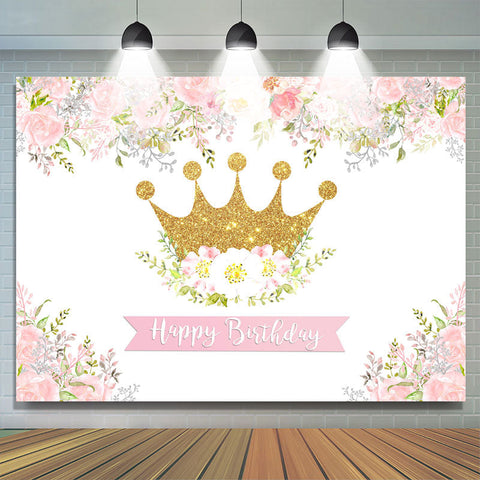 Toile de fond d'anniversaire couronne dorée florale rose et blanche