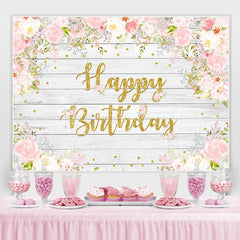 Toile de fond d'anniversaire en bois floral rose et blanc pour fille