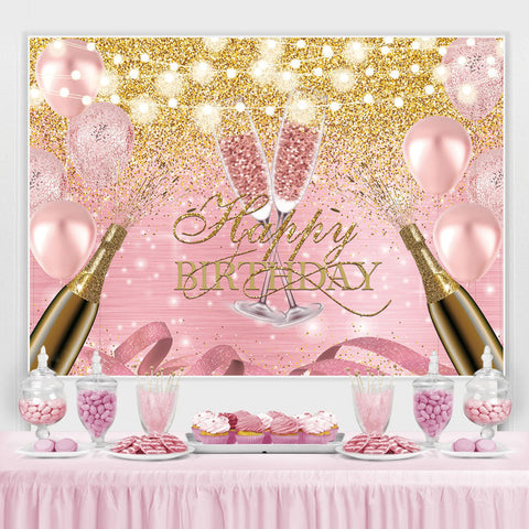 Ballon Rose Et Toile De Fond De Joyeux Anniversaire De Paillettes Dorées