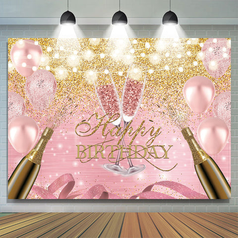 Ballon Rose Et Toile De Fond De Joyeux Anniversaire De Paillettes Dorées