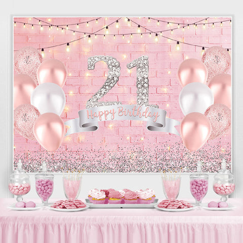 Ballons roses et toile de fond du 21e anniversaire de paillettes de brique