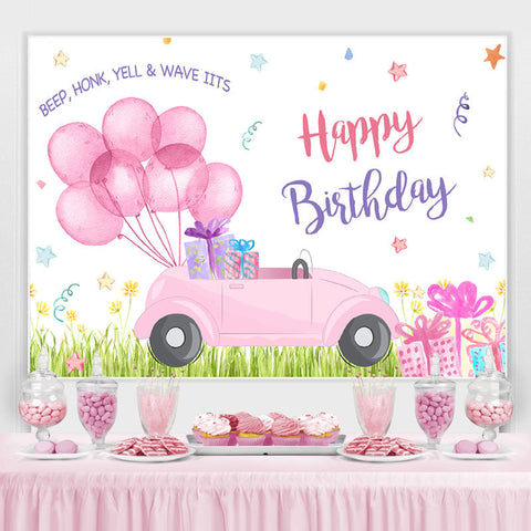 Toile de fond de joyeux anniversaire de voiture de ballons roses pour fille