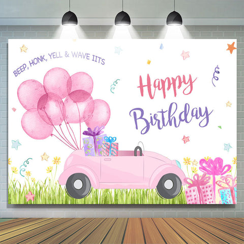 Toile de fond de joyeux anniversaire de voiture de ballons roses pour fille