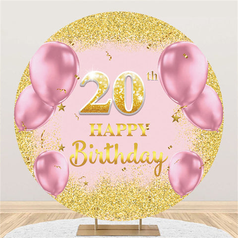 Ballons roses ronds paillettes d'or 20e anniversaire toile de fond