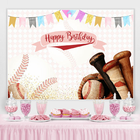 Fond de joyeux anniversaire sur le thème du baseball rose et des drapeaux