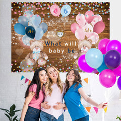 Toile de fond de douche de bébé en bois de paillettes de ballons bleus roses