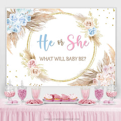 Toile de fond de douche de bébé floral rose bleu il ou elle plume