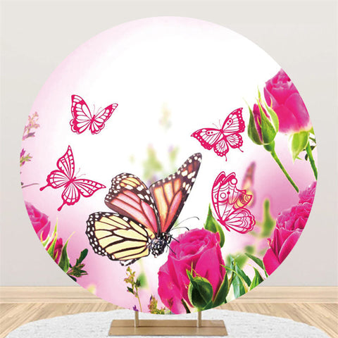 Toile de fond ronde joyeux anniversaire fleur papillon rose