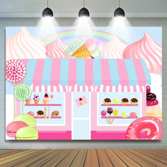 Fond de joyeux anniversaire sur le thème de la boutique de desserts de bonbons roses