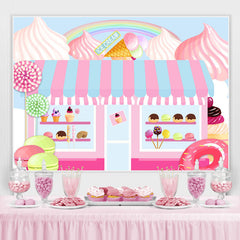 Fond de joyeux anniversaire sur le thème de la boutique de desserts de bonbons roses
