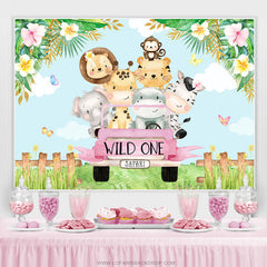 Voiture rose et mignons petits animaux 1er toile de fond d'anniversaire