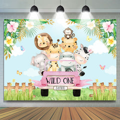 Voiture rose et mignons petits animaux 1er toile de fond d'anniversaire