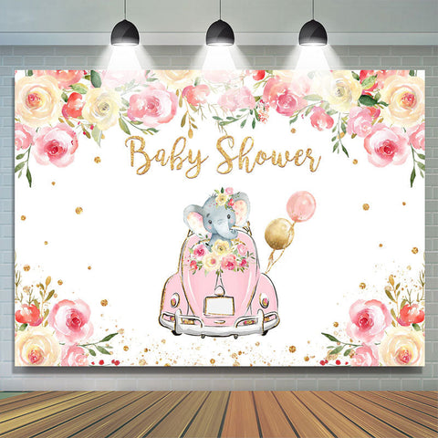 Décors de douche de bébé voiture rose et éléphant floral