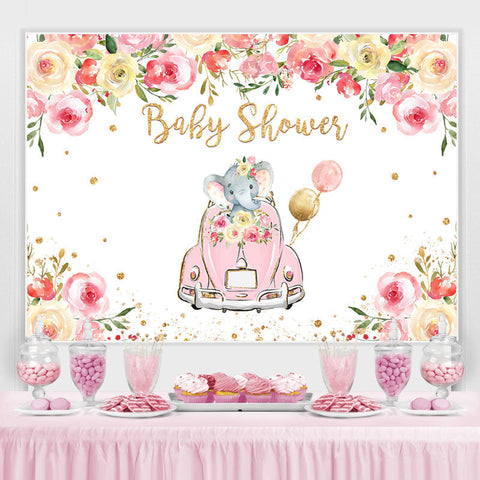 Décors de douche de bébé voiture rose et éléphant floral