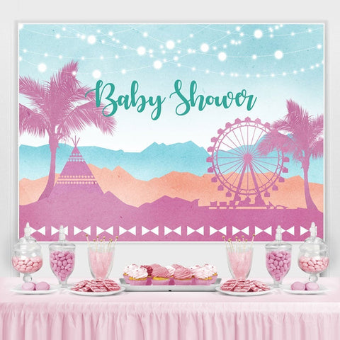 Cocotiers roses Grande roue baby shower Toile de fond