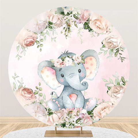 Toile de fond de douche de bébé ronde florale couronne d'éléphant rose