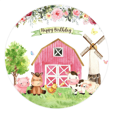 Ferme Rose Et Animaux Ronds Toile De Fond Joyeux Anniversaire