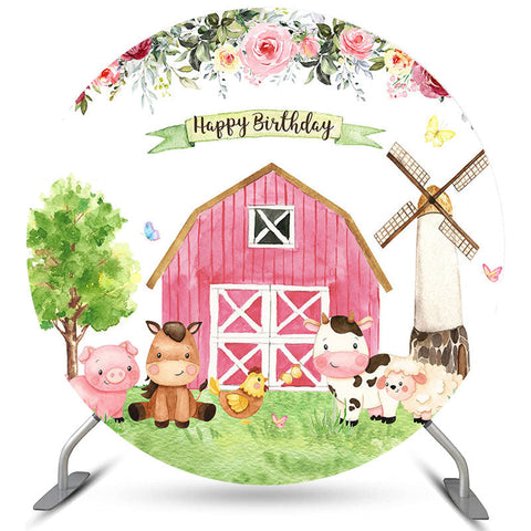 Ferme Rose Et Animaux Ronds Toile De Fond Joyeux Anniversaire