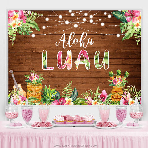 Toile de fond d'anniversaire en bois marron Aloha Luau floral rose