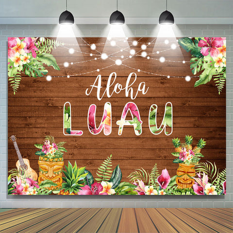 Toile de fond d'anniversaire en bois marron Aloha Luau floral rose