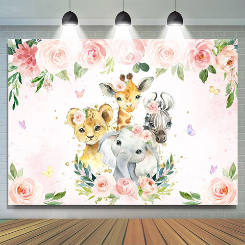 Toile de fond de dessin animé floral et animaux roses pour enfants