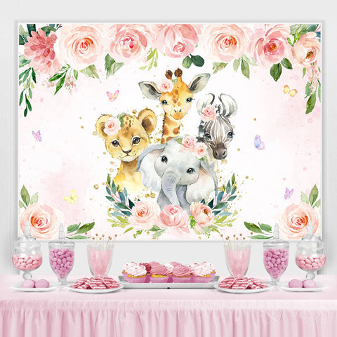 Toile de fond de dessin animé floral et animaux roses pour enfants