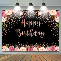 Toile de fond joyeux anniversaire bokeh floral rose et noir