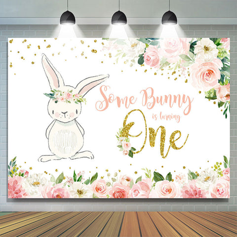 Toile de fond rose floral et lapin 1er anniversaire pour fille