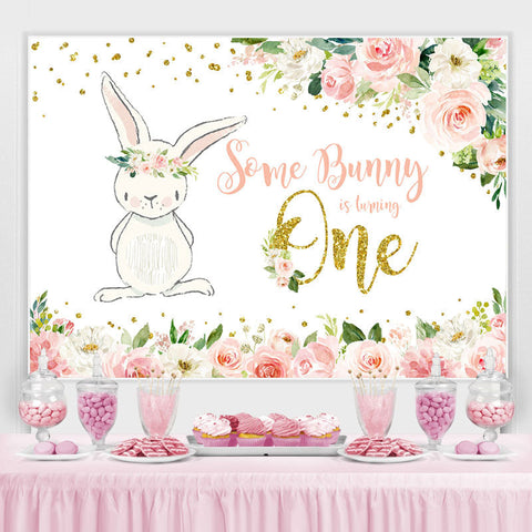 Toile de fond rose floral et lapin 1er anniversaire pour fille