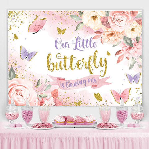 Toile de fond du 1er anniversaire de paillettes florales et papillons roses