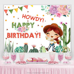 Toile de fond d'anniversaire rose floral et cactus pour cow-girl