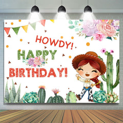 Toile de fond d'anniversaire rose floral et cactus pour cow-girl
